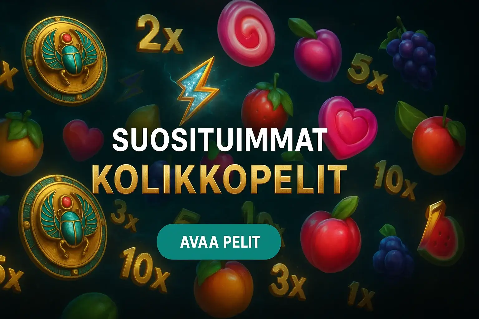 Fotorealistinen suomalainen kasinobanneri, kolikkopelisymbolit ja voittokertoimet, CTA-painike