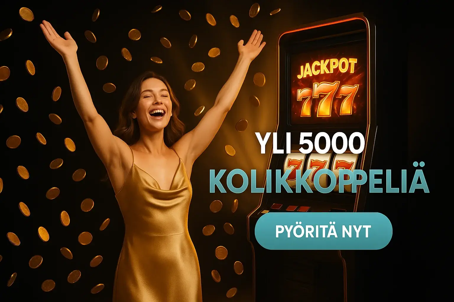 Suomalainen kasinobanneri, kultamekko nainen, kolikkosade ja jackpot-kolikkopeli