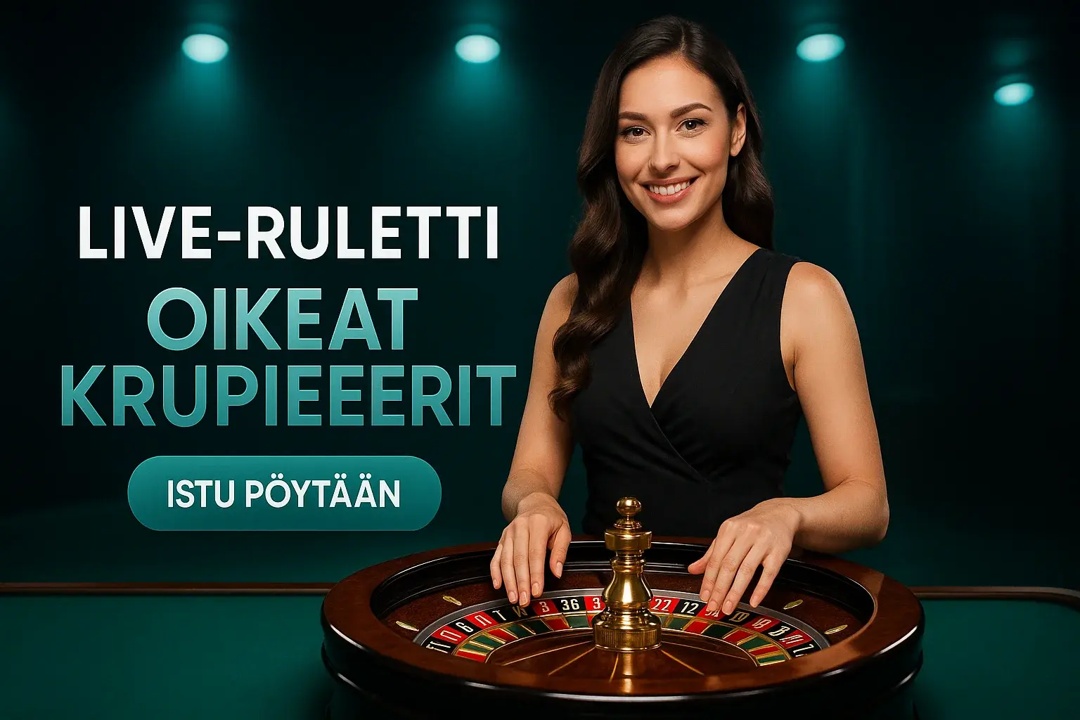 Fotorealistinen live-ruletti banneri, hymyilevä krupieeri ja kultainen rulettipyörä