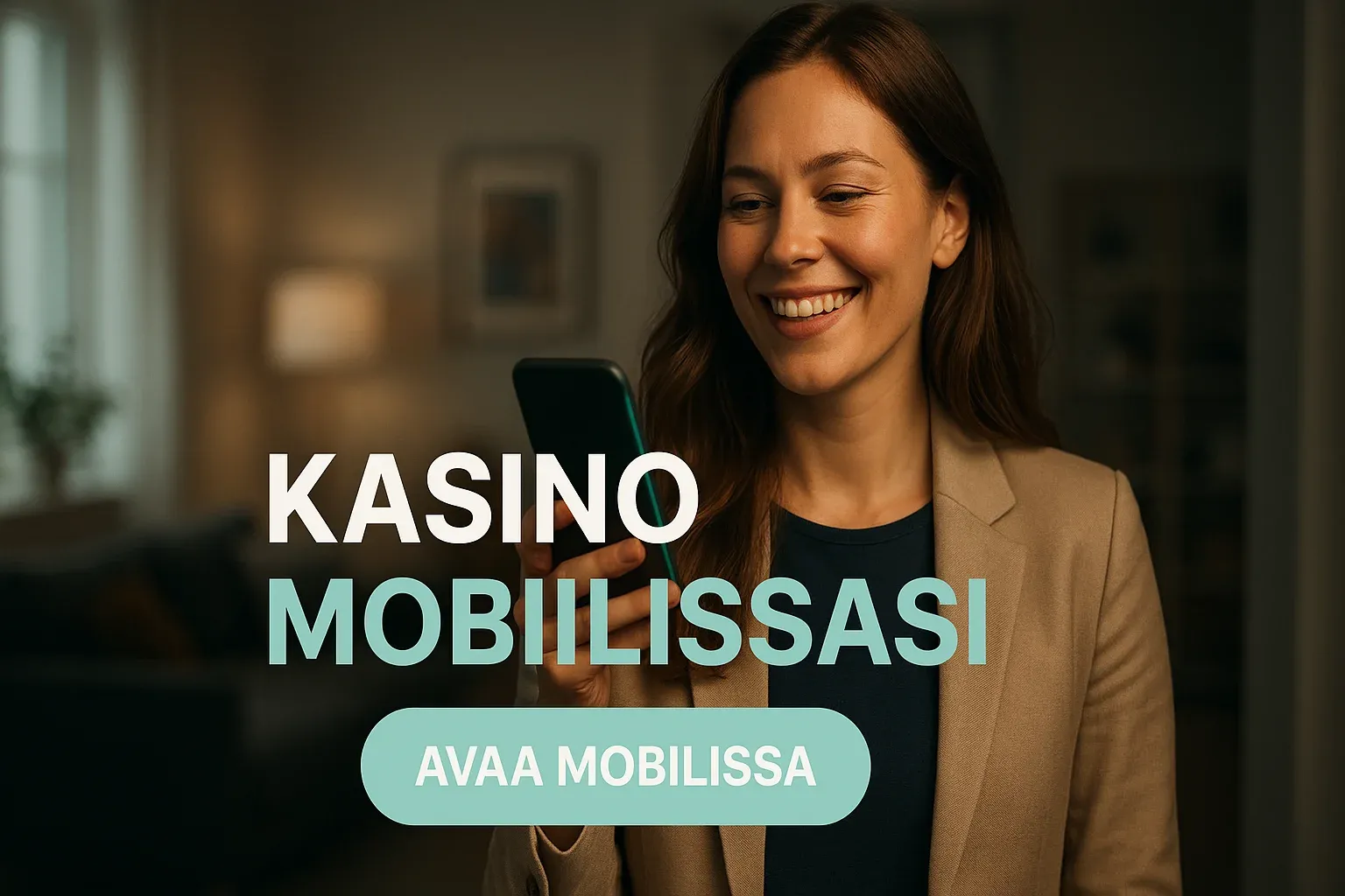 Suomalainen nainen pitelee älypuhelinta, kasino mobiilissa -mainosbanneri