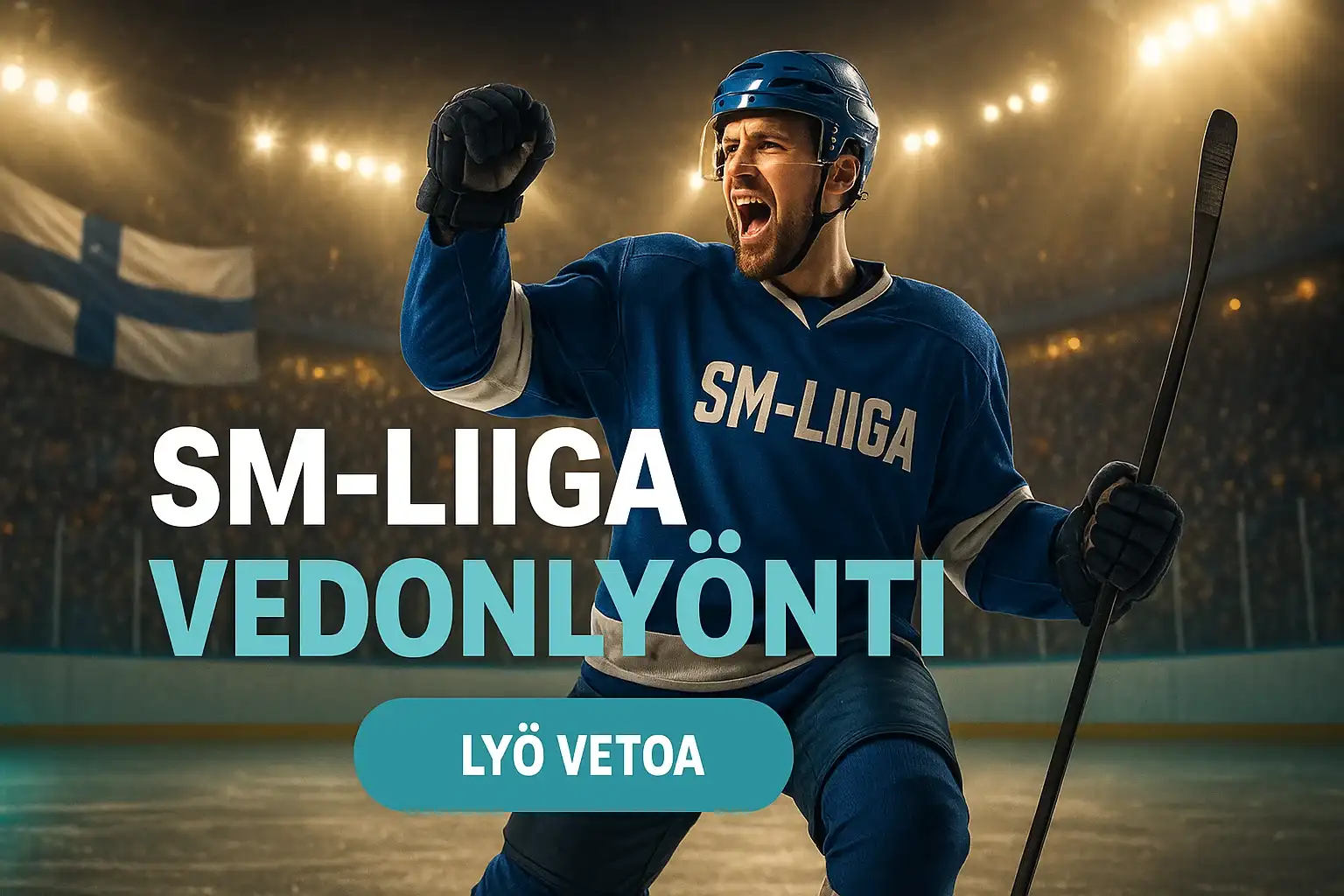 Fotorealistinen SM-liiga jääkiekkoilija kasinobannerissa, vedonlyönti ja CTA-painike
